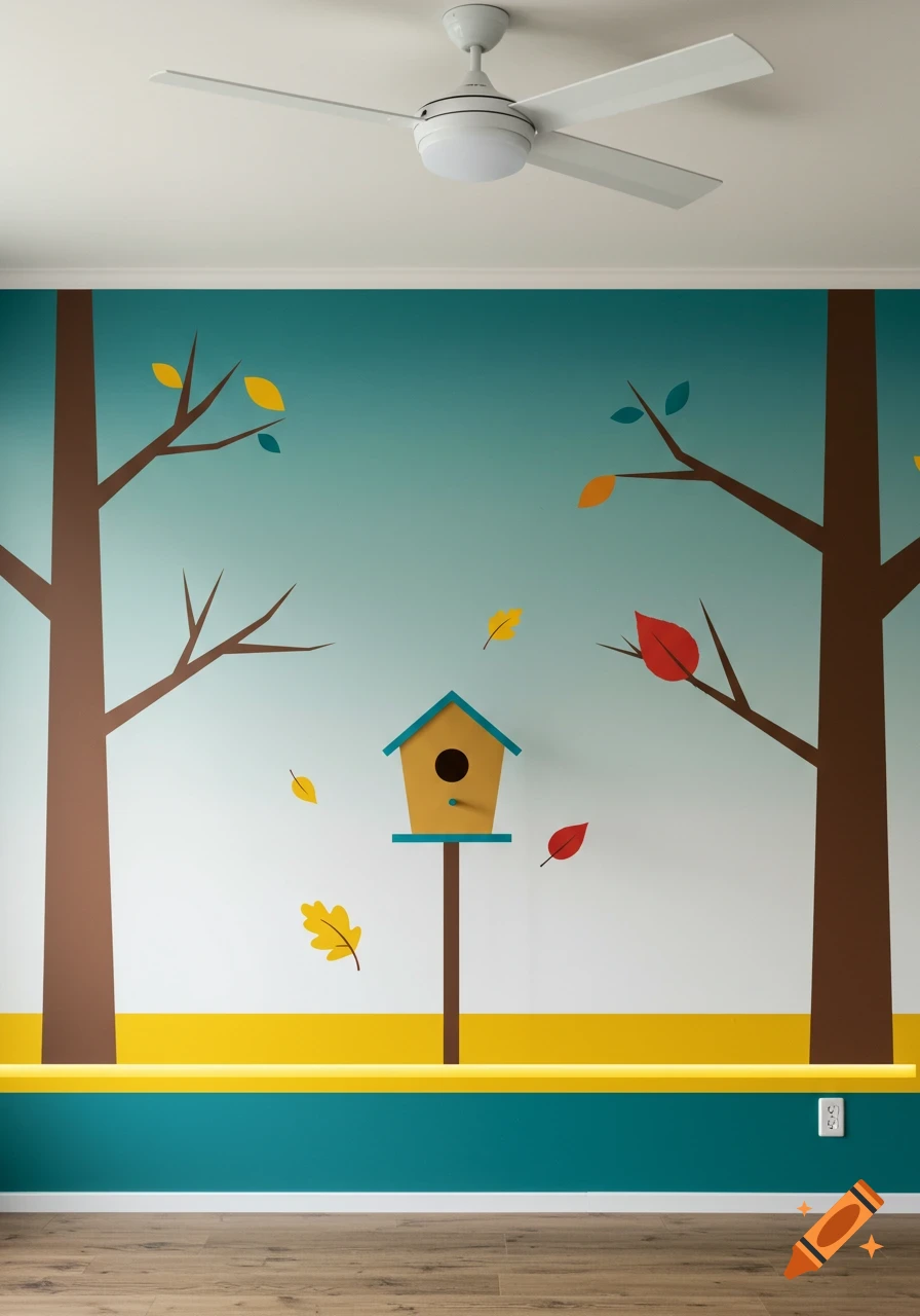 Minimalist fall-themed wall mural featuring brown tree trunks, colorful falling leaves, and a teal-roofed birdhouse on a white and yellow wall in a room with a ceiling fan.