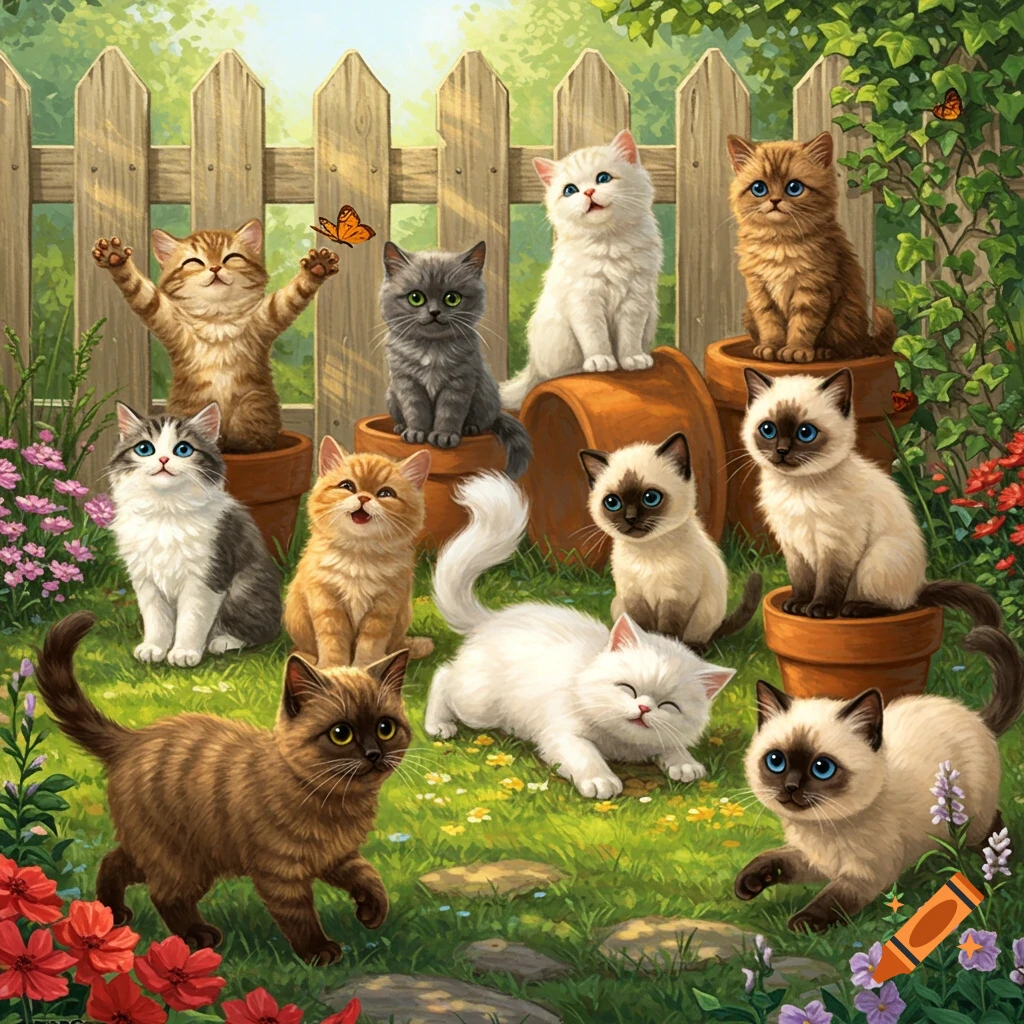 An illustration featuring multiple cute cats playing and resting in a sunny garden with a wooden fence and colorful flowers.