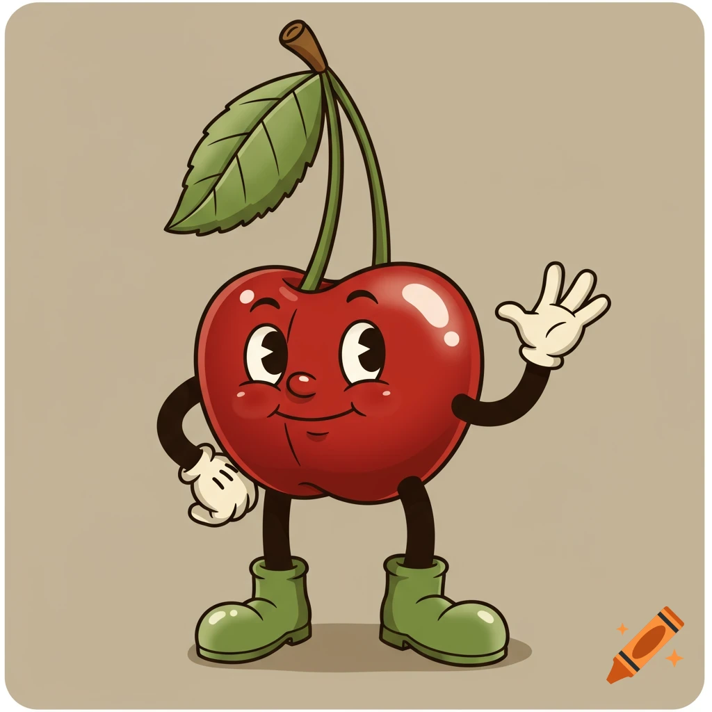 A retro 1930s cartoon cherry character with a leaf, stem, white gloves, and green boots, smiling and waving.