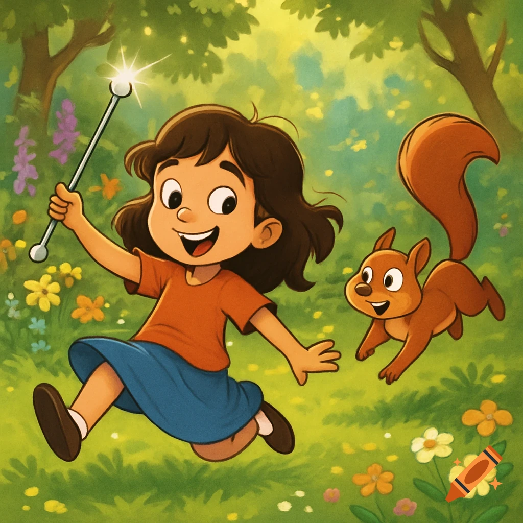 A cheerful cartoon girl running in a sunny, flowery garden, holding a sparkling baton, with a happy squirrel beside her.