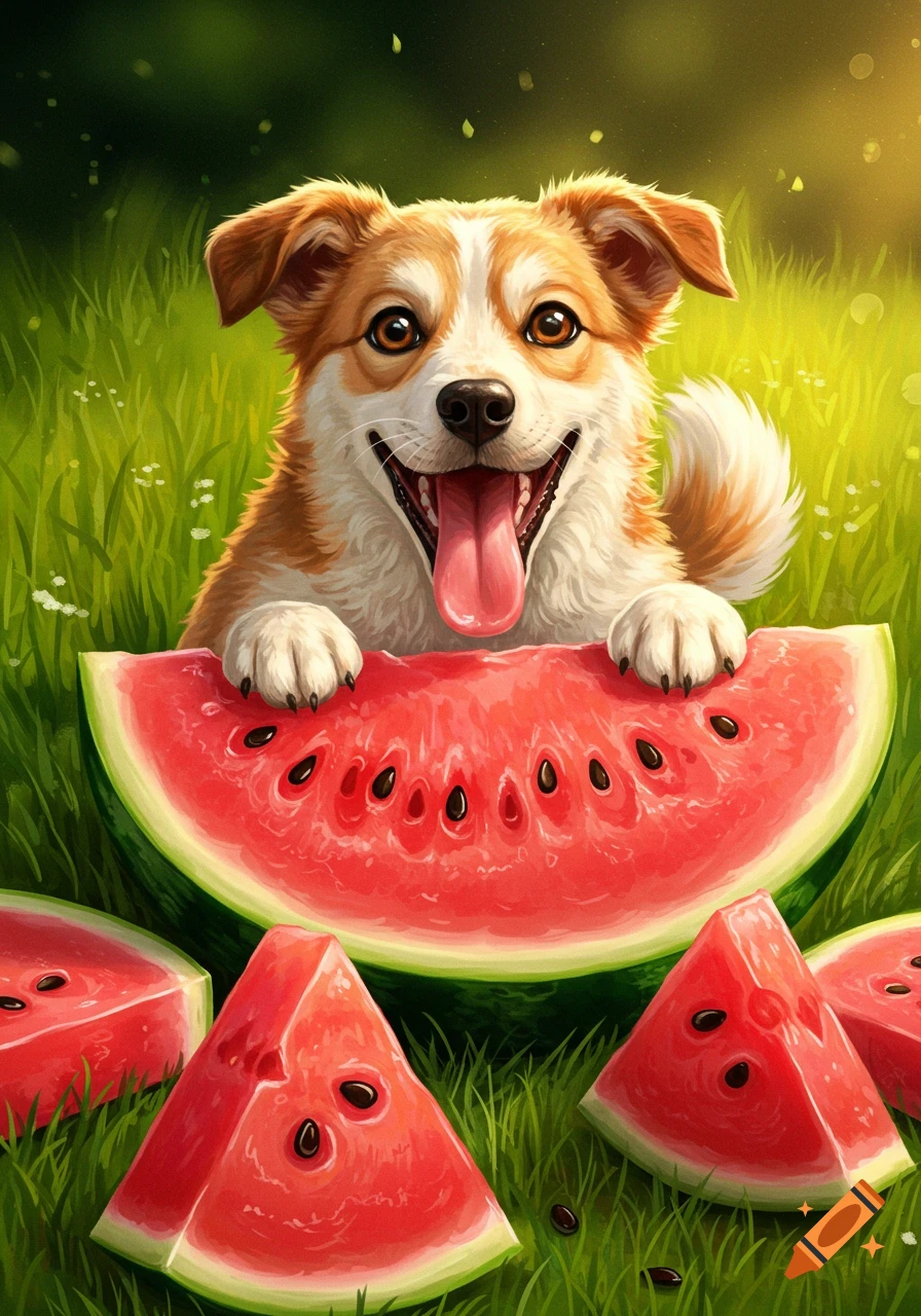 A happy, cartoon-like dog peeks over a large watermelon slice, surrounded by other watermelon pieces in vibrant green grass.