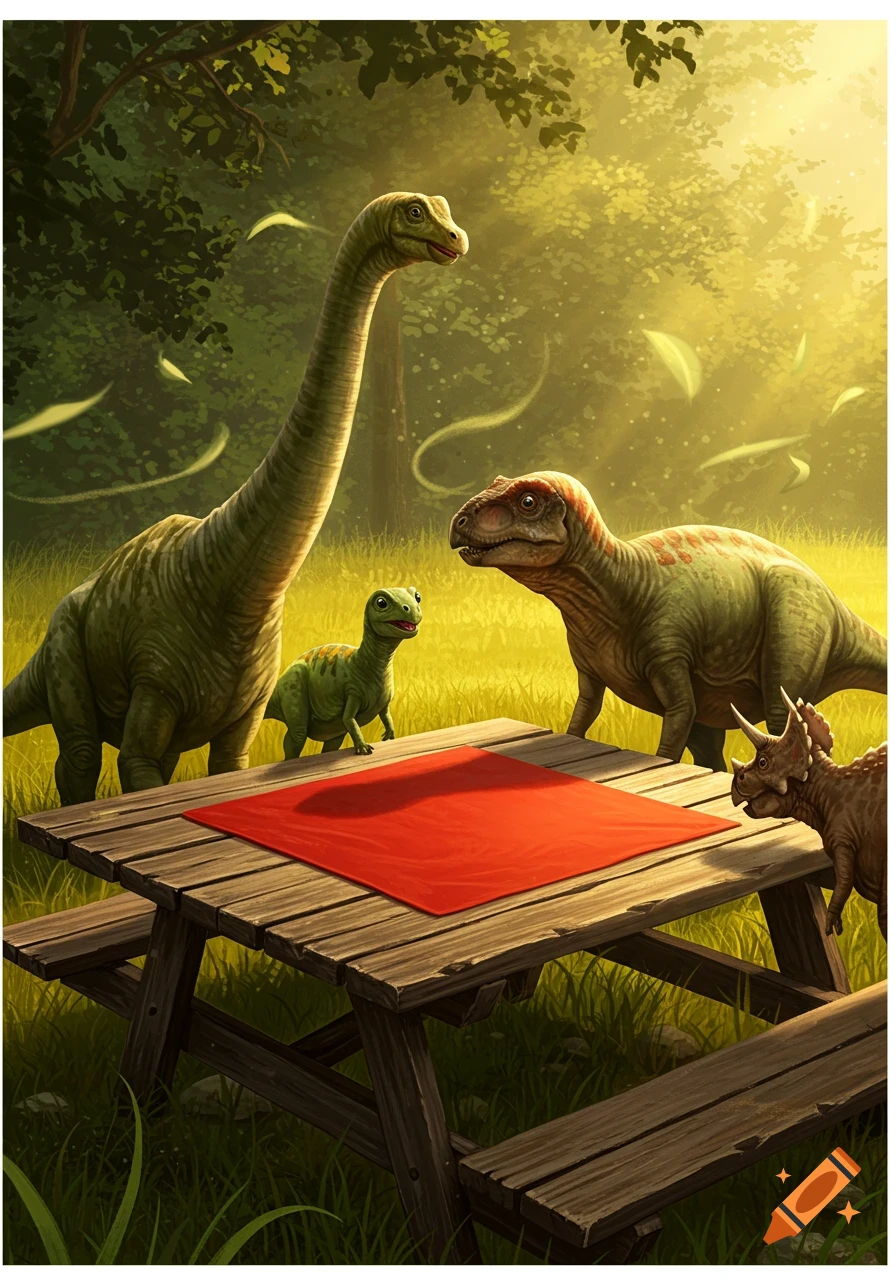 Four dinosaurs gather around a wooden picnic table with a red cloth in a sunlit forest clearing.