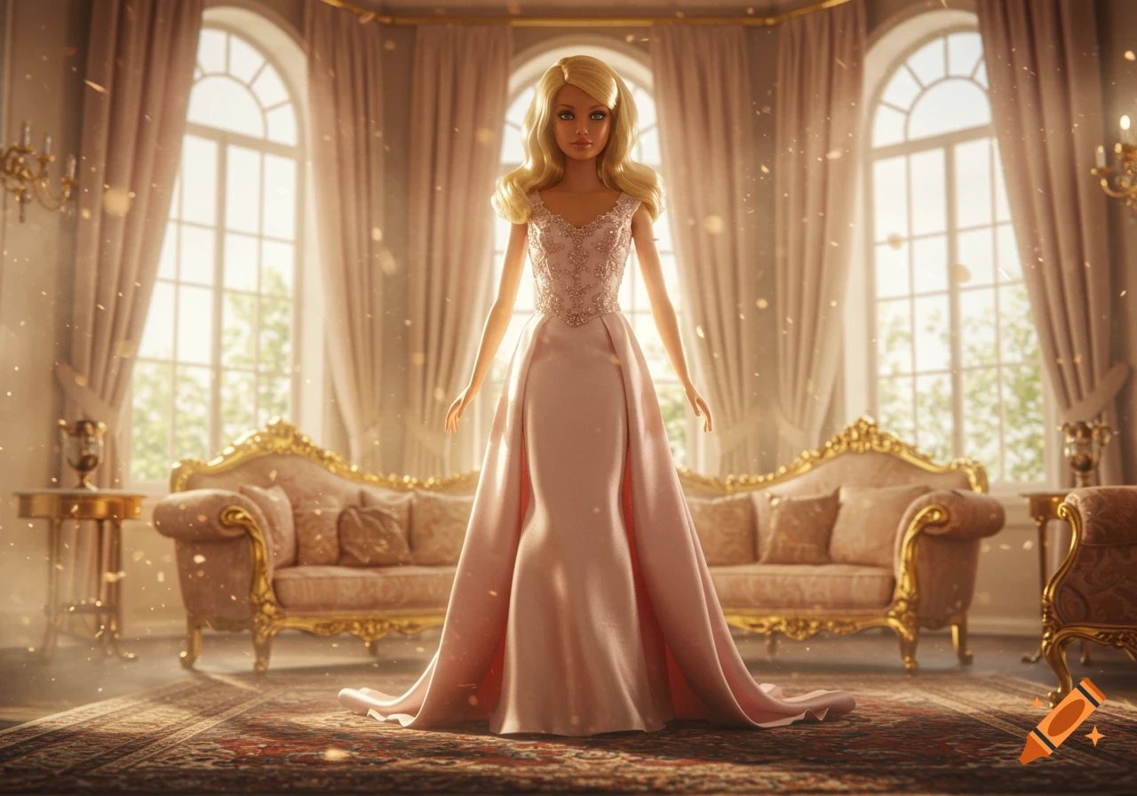 A photorealistic Barbie doll in a pink gown stands in a luxurious, sunlit room with ornate furniture and large arched windows.