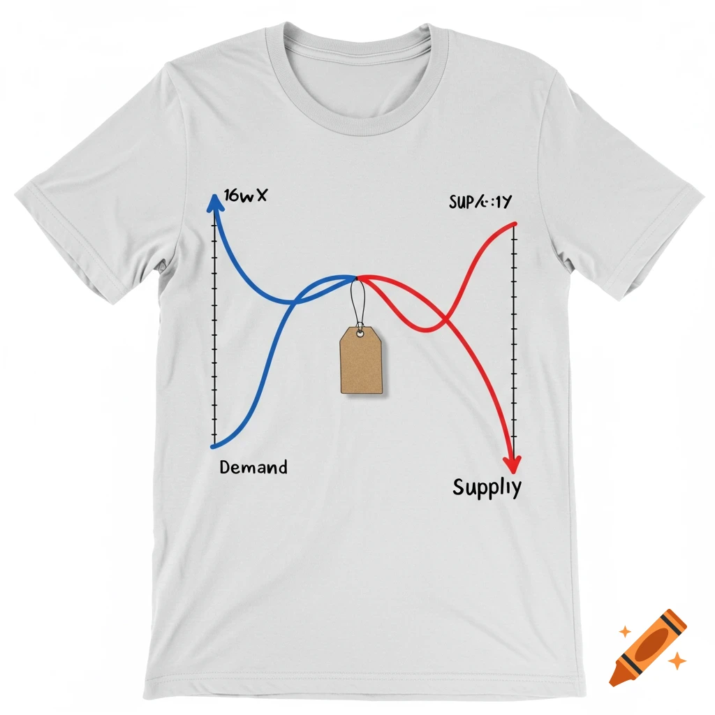 A white t-shirt with a minimalist graph of blue 'Demand' and red 'Supply' curves, with a price tag hanging from their intersection.