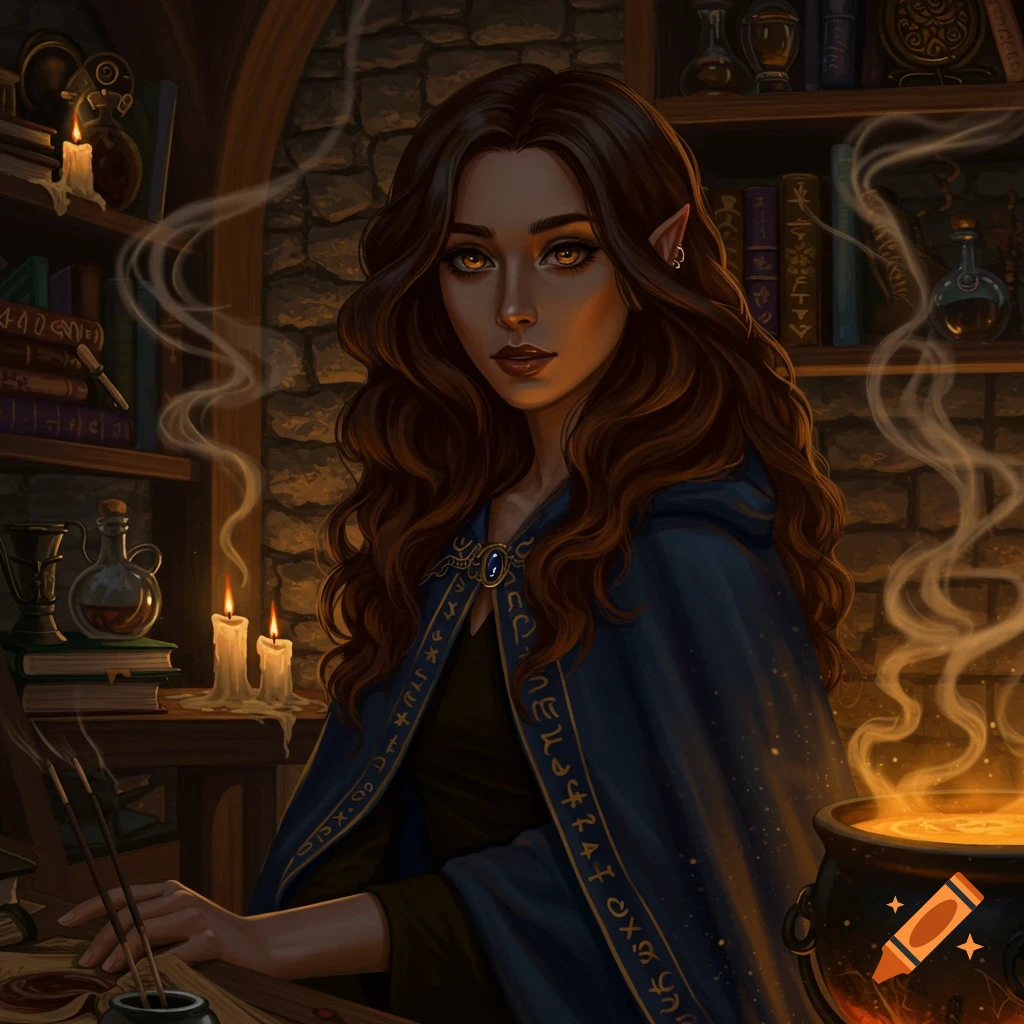 A dark-haired, golden-eyed elf woman in a blue rune-embroidered cloak sits in a dim stone room with candles, potions, and a glowing cauldron.