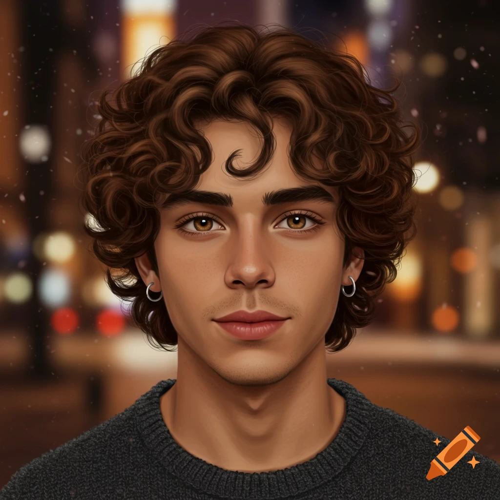 Digital illustration of a young man with curly brown hair, hazel eyes, an earring, and a grey sweater, against a blurry city background.