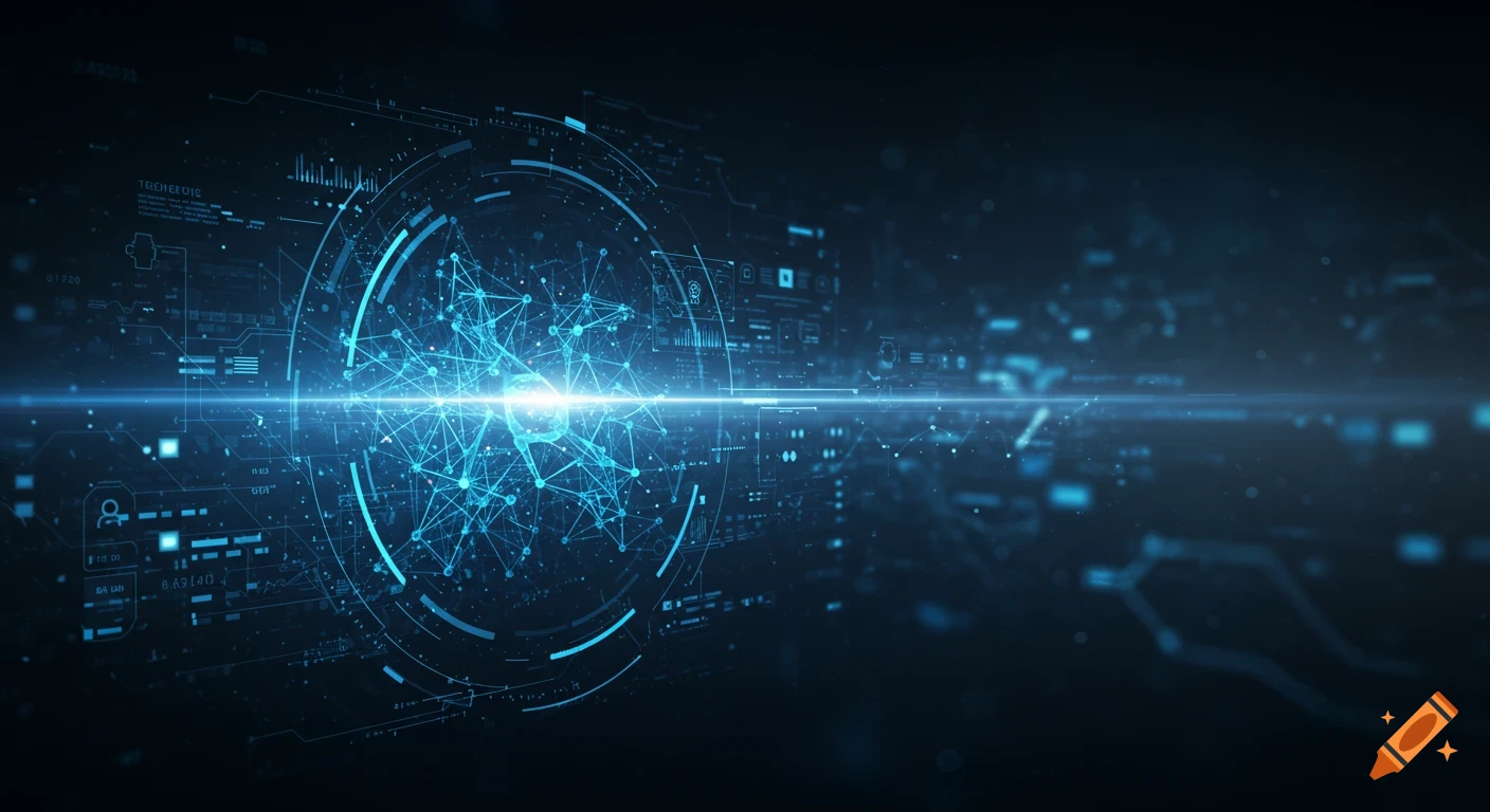 A futuristic abstract digital interface with a glowing blue network sphere at its center, surrounded by data points and light beams.