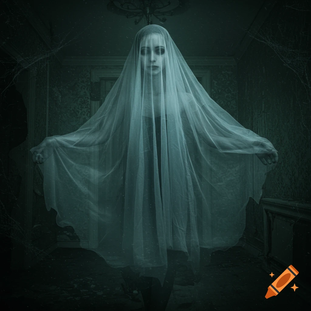 A pale, ghost-like woman in a white veil stands in a shadowy, dilapidated room, evoking a horror aesthetic.