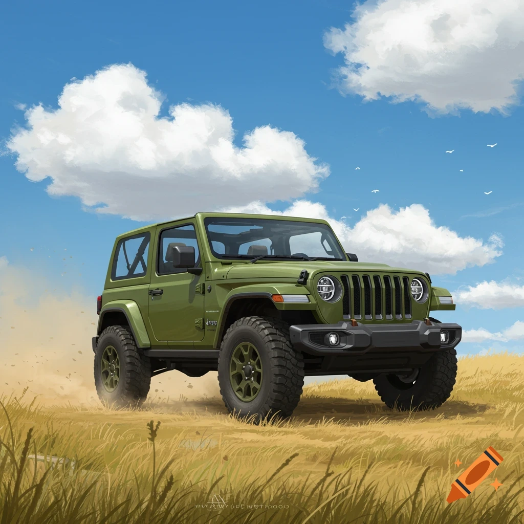 An olive green two-door Jeep Wrangler drives through a golden grassy field under a blue sky with white clouds, in an illustrated style.