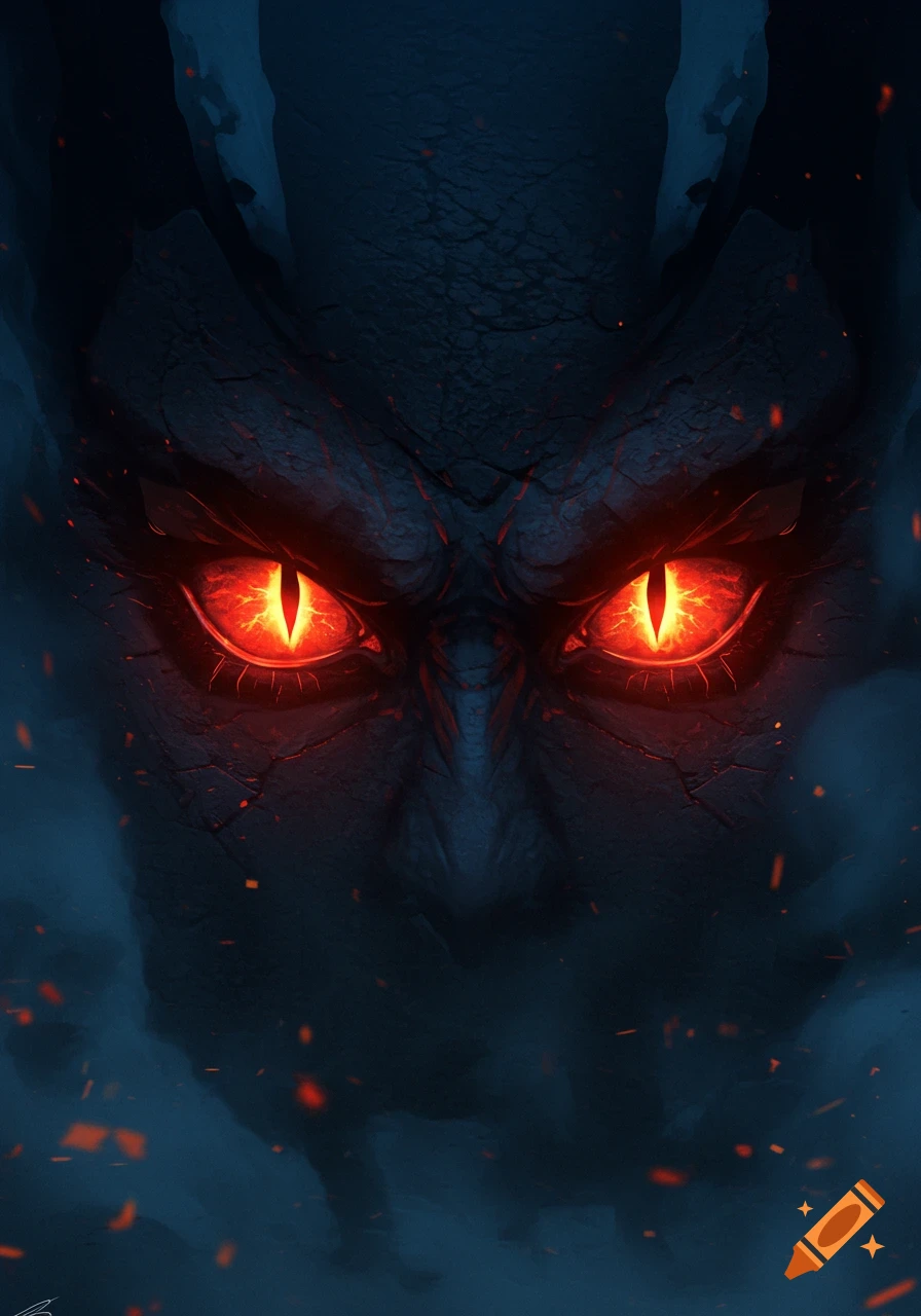 Close-up of glowing red demon eyes with vertical pupils on a dark, textured face, surrounded by fiery embers.