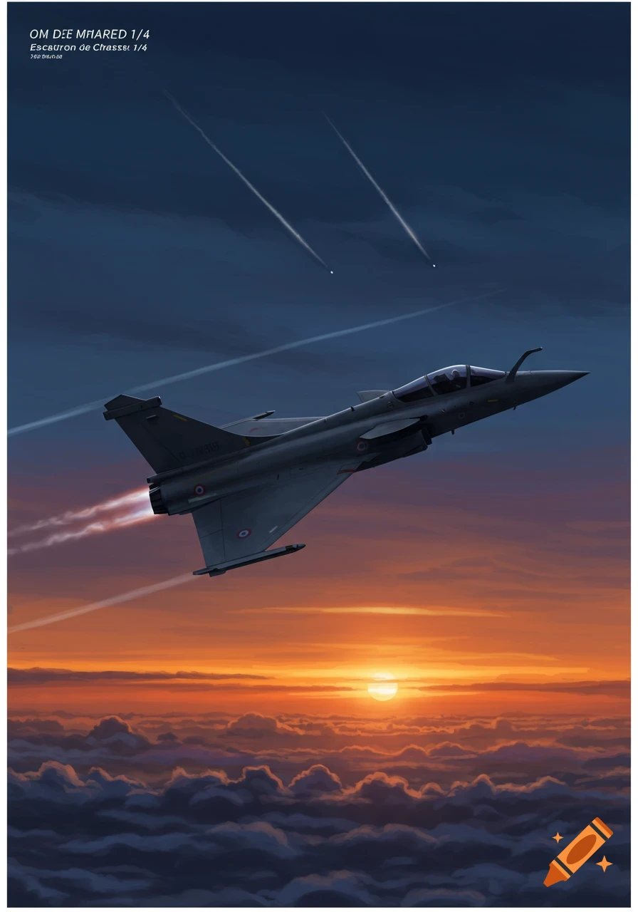 A Dassault Rafale fighter jet flies with afterburners on over clouds at sunset, with distant streaking lights in the dark sky.