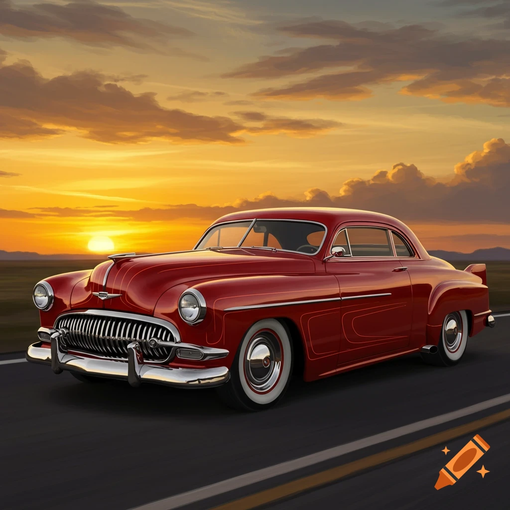 A red 50's pinstripe hotrod drives on a road at sunset, with golden clouds in the sky.