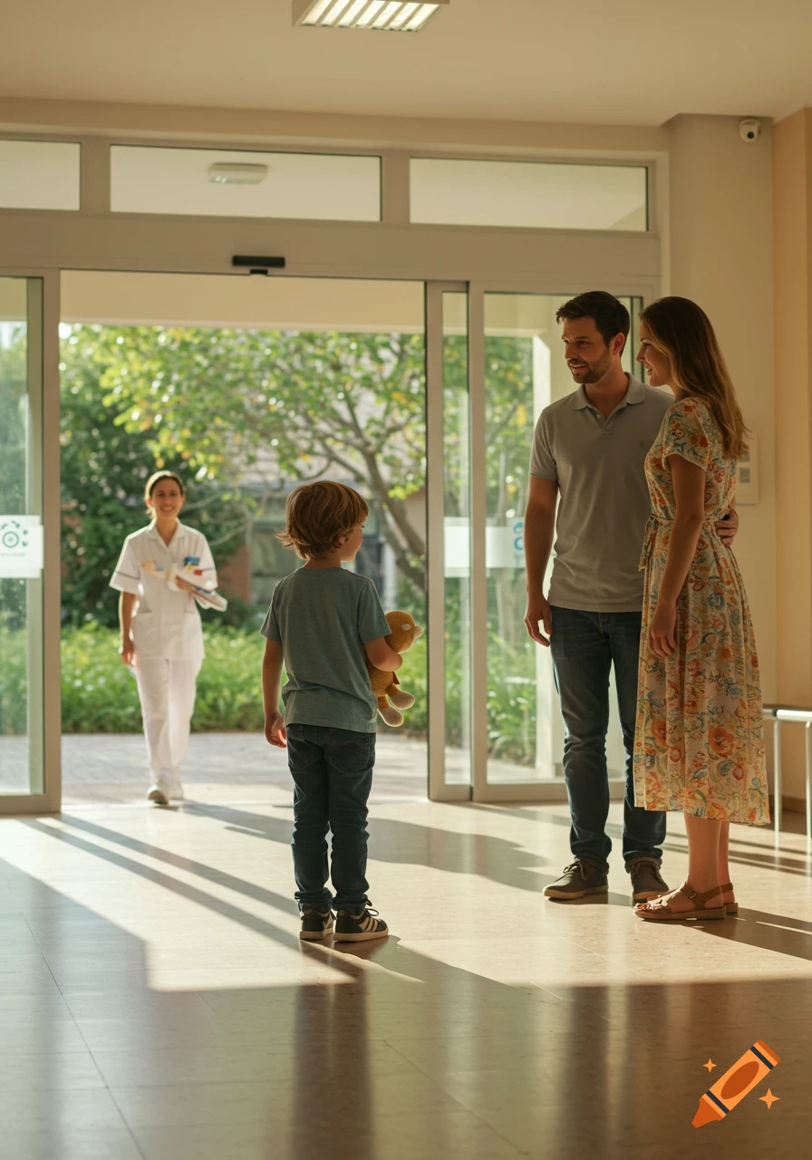 A young boy holding a teddy bear stands with his parents in a sunlit hospital lobby as a smiling nurse walks through automatic doors.