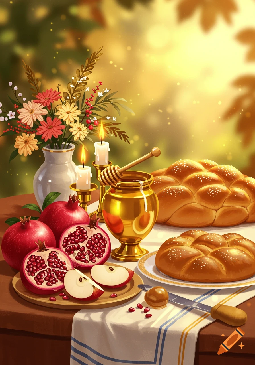 Vibrant illustration of a Rosh Hashanah table with challah, pomegranates, honey, lit candles, and flowers.