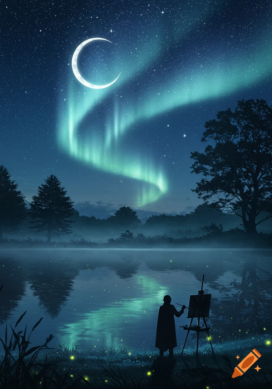 A person paints by a tranquil lake at night under a crescent moon and green aurora, surrounded by fireflies.