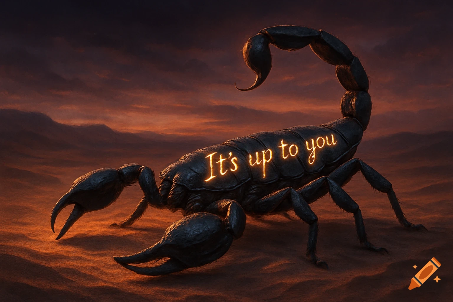 A photorealistic image of a large black scorpion with glowing orange text "It's up to you" on its back, standing on reddish sand under a dramatic sunset sky.