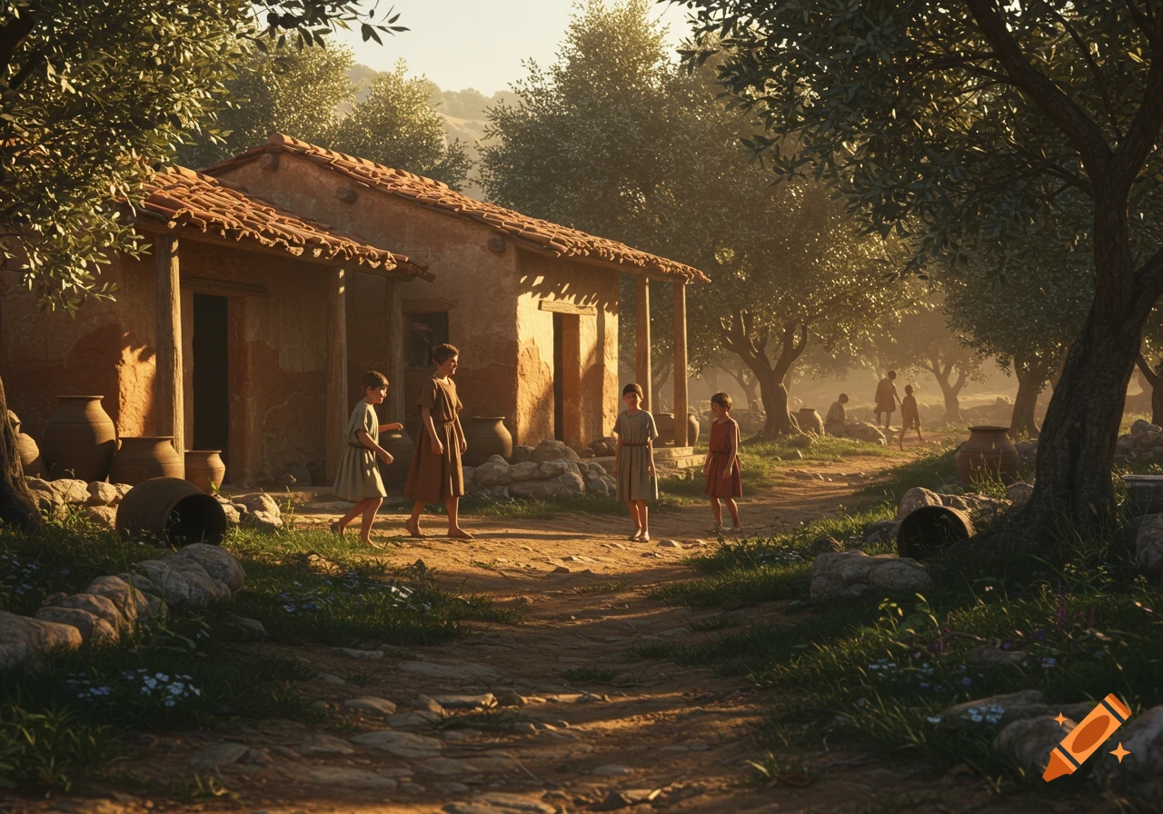 Children in ancient Greek clothing walk on a dirt path in a sunny olive grove near a clay house, in a realistic style.