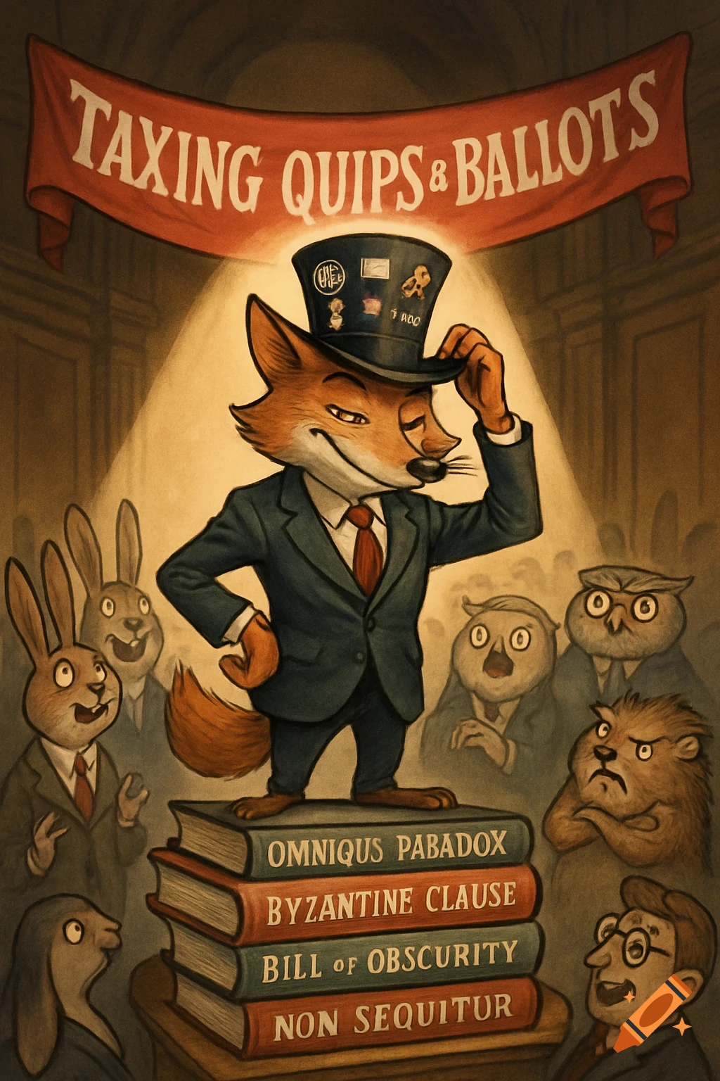 A distinguished fox in a suit and top hat stands on a stack of books, tipping his hat. Rabbits, an owl, a beaver, and a human look on. A banner reads "TAXING QUIPS & BALLOTS".