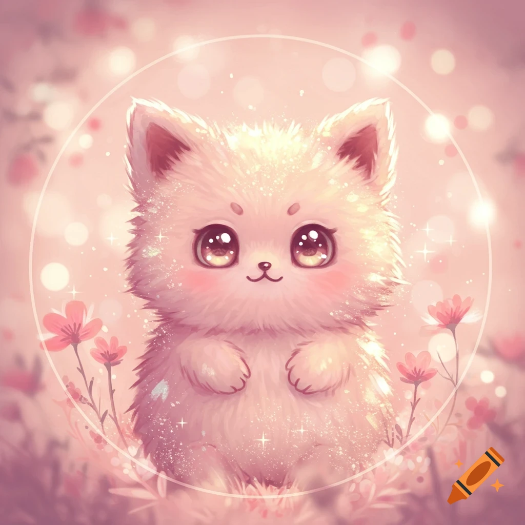 A cute, fluffy, pink, wide-eyed creature with rosy cheeks, surrounded by pink flowers and sparkling bokeh lights, in a whimsical style.