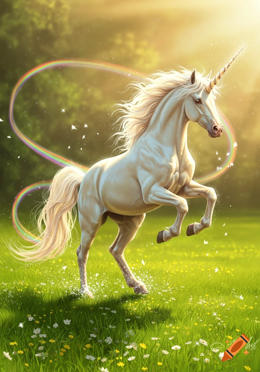 A majestic white unicorn with a golden horn prances in a sunlit green meadow with wildflowers, leaving sparkling rainbow trails.