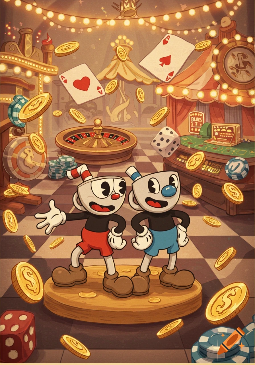 Cuphead and Mugman stand on a pedestal in a vibrant, cartoon-style casino with coins, playing cards, dice, and a roulette wheel flying around them.
