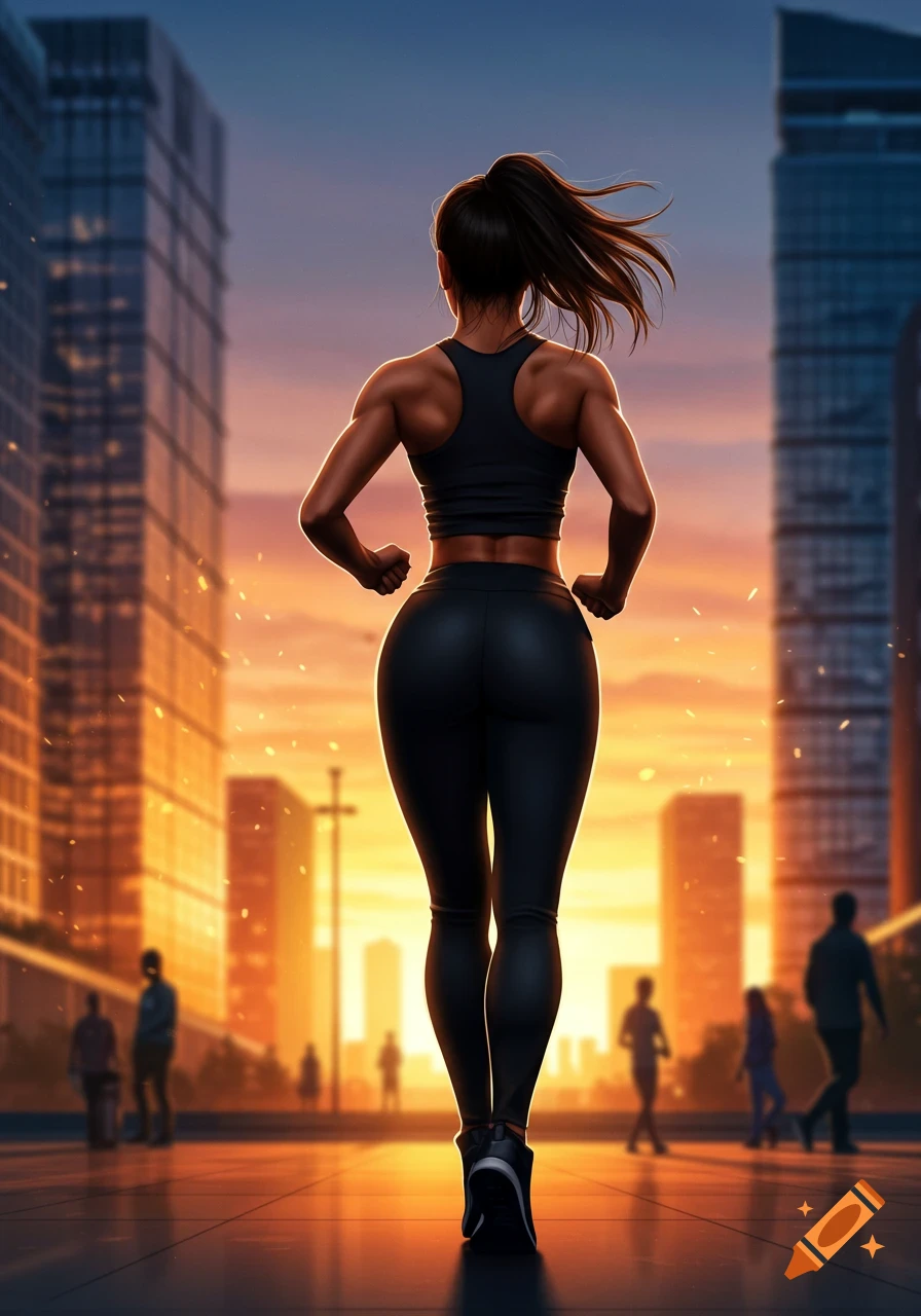 A muscular woman in a sports bra and leggings runs through a city street at sunset, seen from behind.