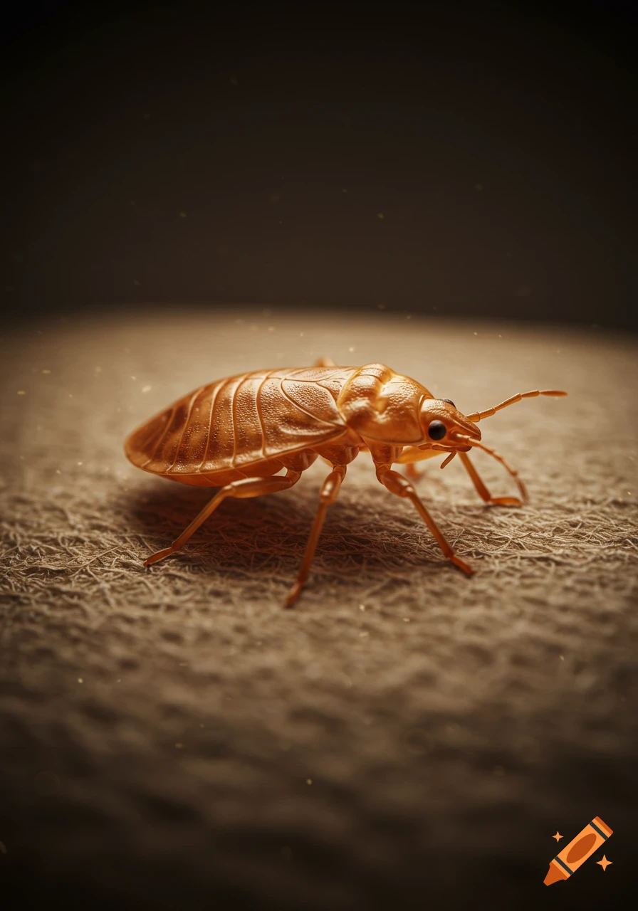 Close-up, detailed view of a brown bedbug on a textured, light brown surface.