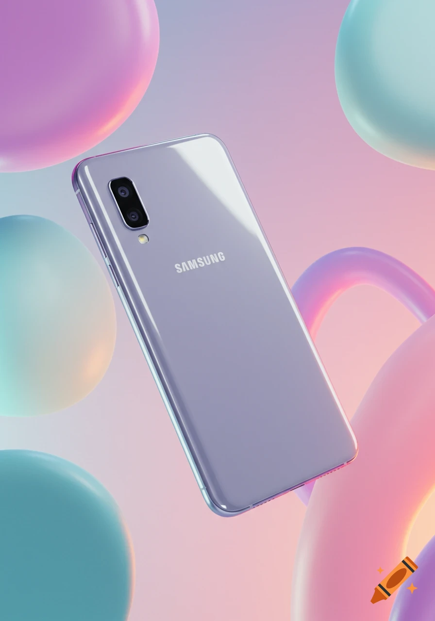 A purple Samsung smartphone floats against a pastel pink and blue gradient background with soft, abstract shapes. The phone's back faces the viewer.