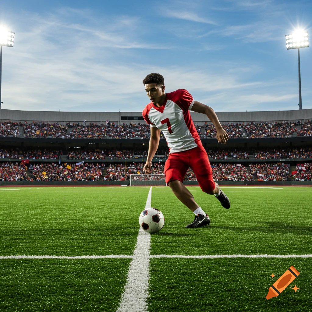Young male soccer player in a red and white uniform running with a ball on a green field in a stadium, photorealistic style.