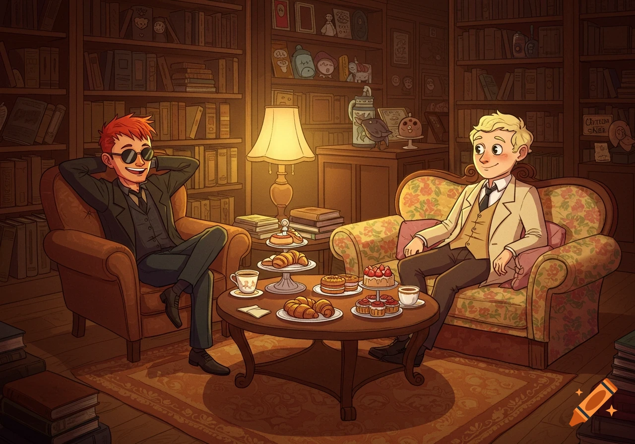 Cartoon Aziraphale and Crowley sit in a cozy bookshop, enjoying pastries and tea at a coffee table.