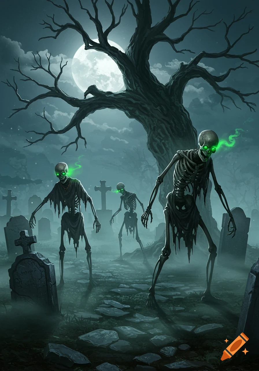 Digital illustration of three glowing-eyed skeleton zombies walking through a misty graveyard under a full moon and a gnarled tree.