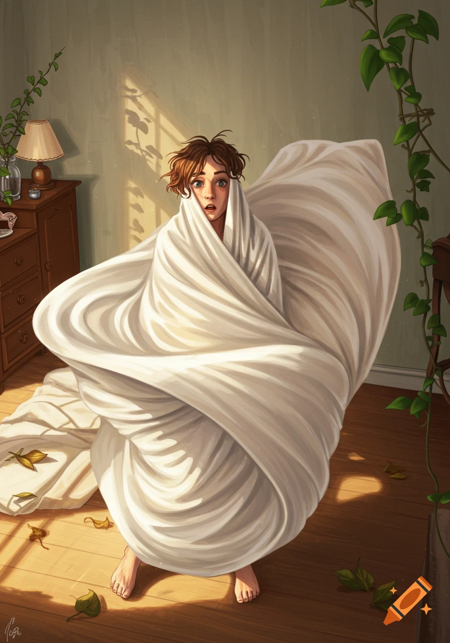 Illustrated person with wide eyes wrapped dramatically in a white sheet, standing in a sunlit bedroom with plants.