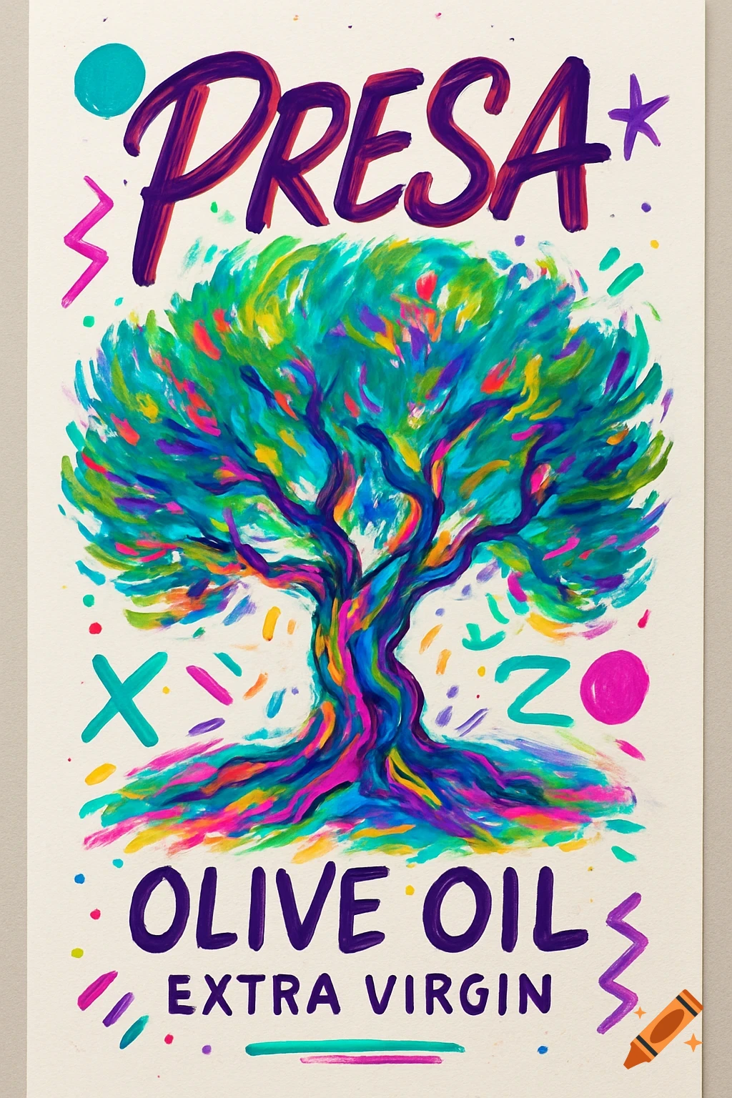 A vibrant, artistic label for 'PRESA Olive Oil Extra Virgin' featuring a colorful olive tree illustration with brushstrokes.