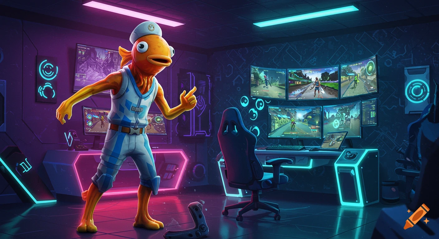 A Fortnite Fishstick character in a neon-lit gaming room with multiple monitors, about to throw a controller.