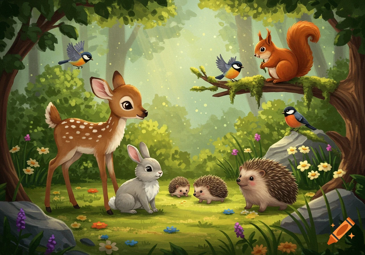 A cute illustration of a fawn, rabbit, three hedgehogs, a squirrel, and three small birds in a sunny forest.
