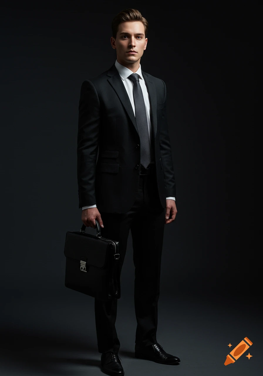 Photorealistic studio portrait of a man in a black suit holding a black leather briefcase.