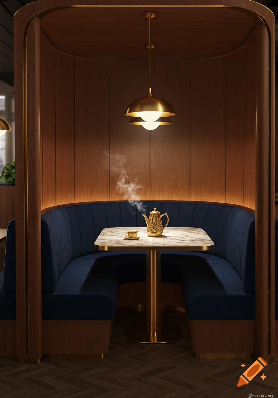 An elegant private cafe booth with a navy blue sofa, marble table, gold teapot, and warm lighting in a wooden enclosure.