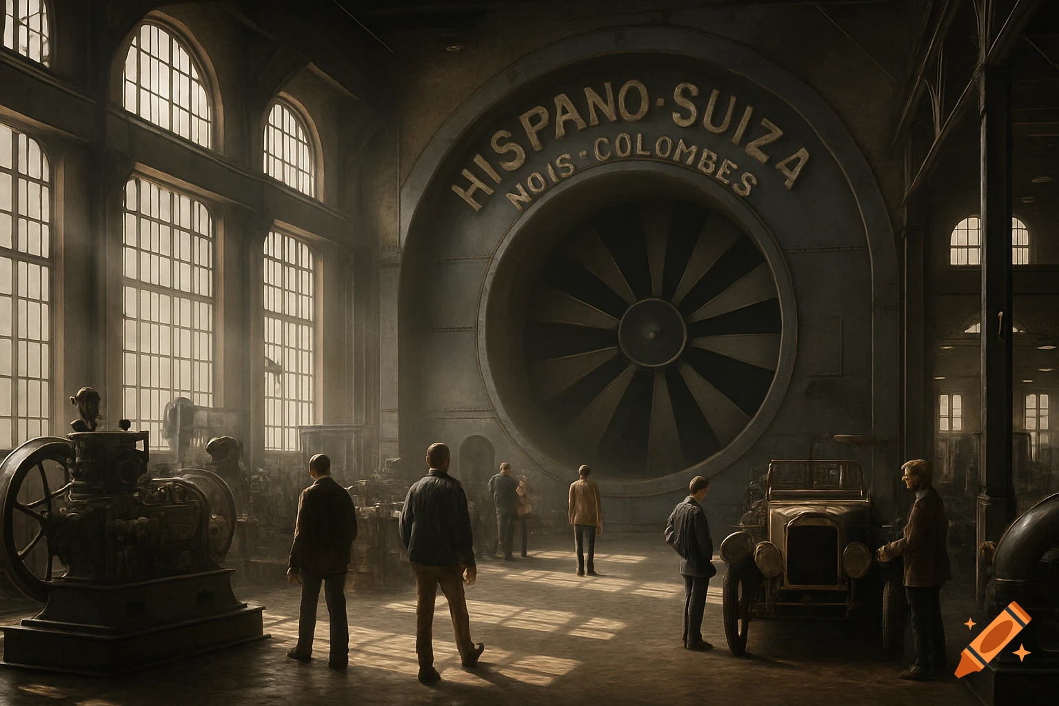 A moody industrial factory interior with large arched windows, men among vintage machinery, a classic car, and a massive turbine labeled "HISPANO-SUIZA" on the back wall.