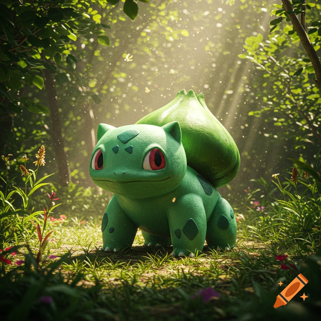 A realistic-looking green Bulbasaur with large red eyes and a plant bulb on its back stands in a sun-dappled forest clearing.
