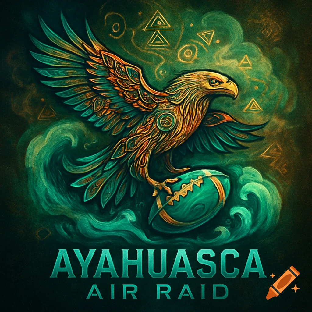 Ornate golden and teal eagle logo clutching a football, with 'AYAHUASCA AIR RAID' text and mystical symbols.