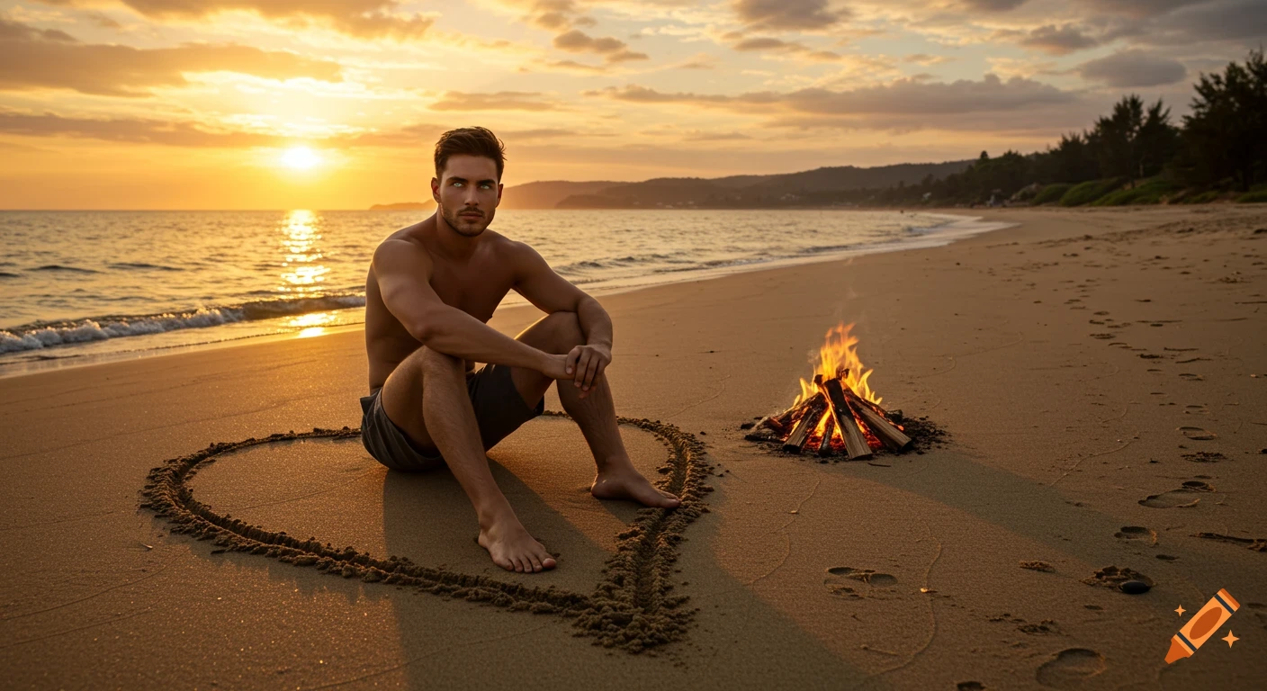 Photorealistic image of a man sitting inside a heart drawn in the sand on a beach at sunset, with a small campfire beside him.