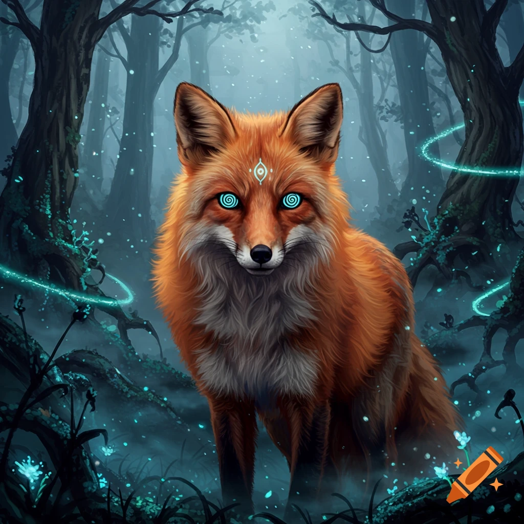 A red fox with glowing blue spiral eyes in a dark, enchanted forest with luminous vines and particles.
