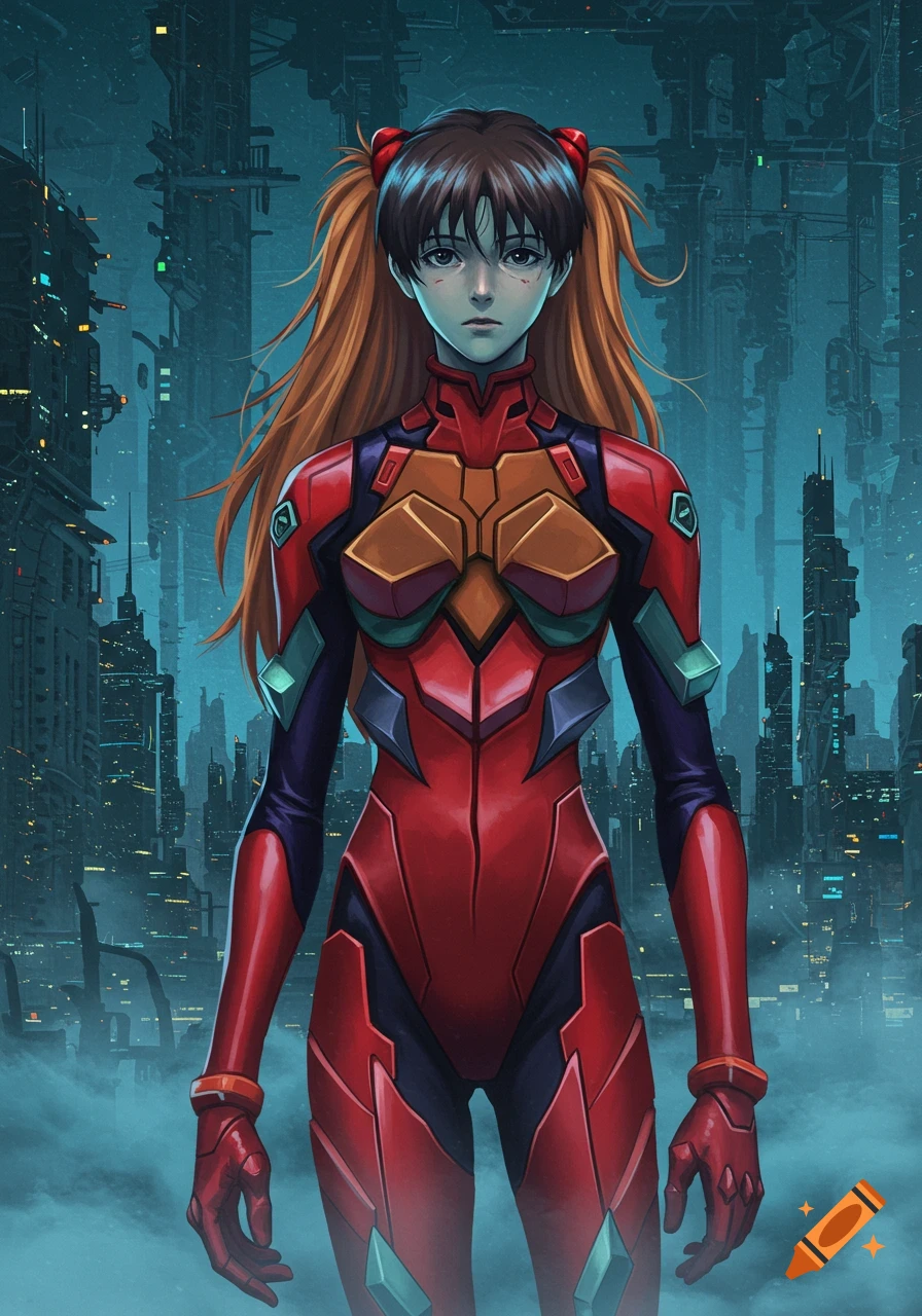 Anime art of Asuka in a red plugsuit, standing against a dark futuristic cityscape.