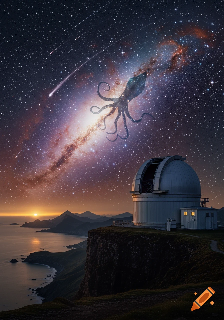 A giant kraken-like creature appears in a vibrant galaxy sky above an observatory on a cliff overlooking a coastline at sunset.