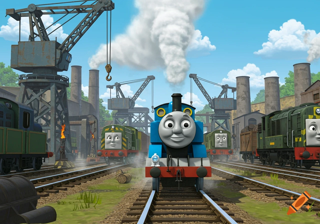 Thomas the Tank Engine and other cartoon trains in an industrial train yard with cranes and smoke.