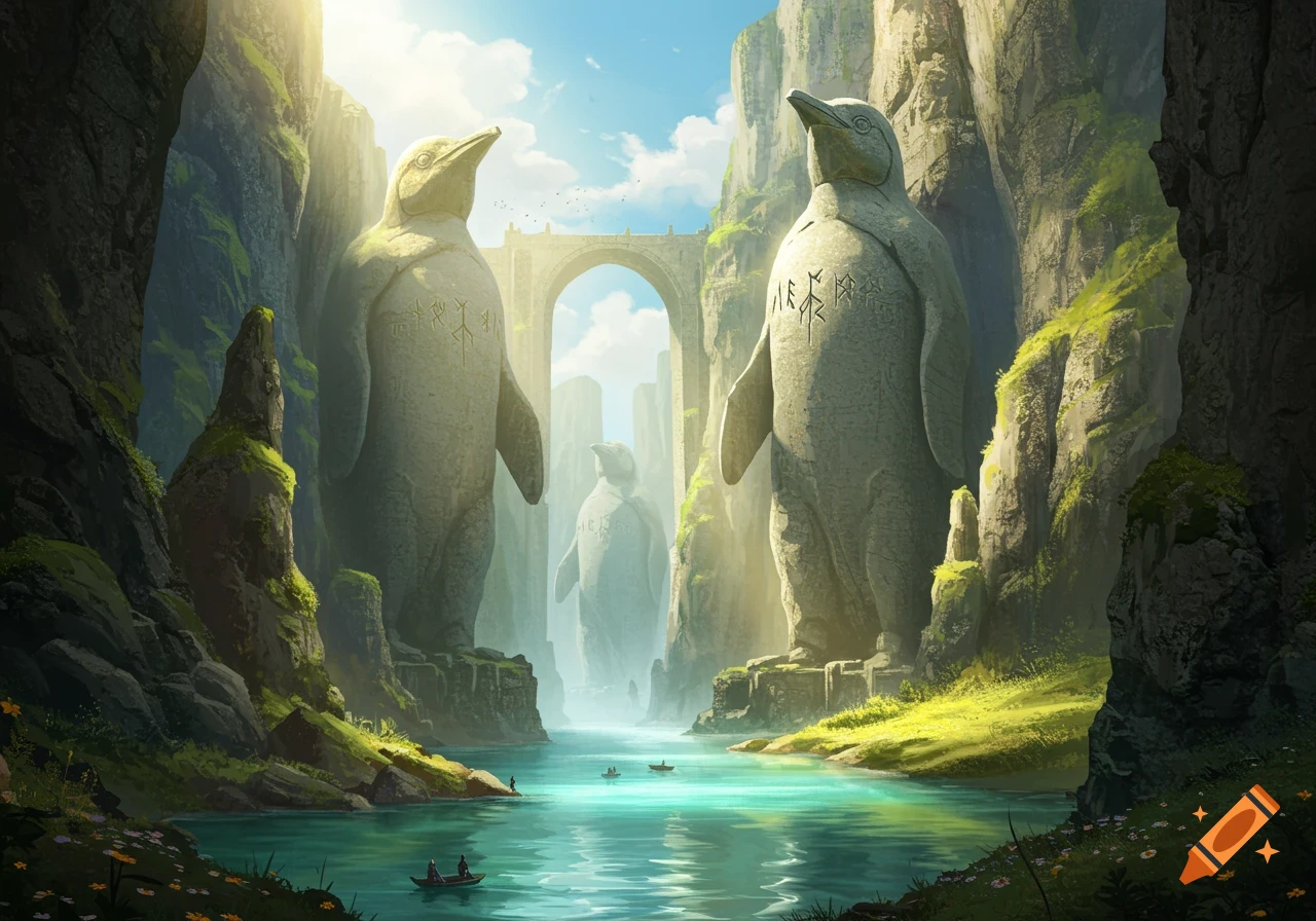 Epic fantasy landscape featuring colossal ancient penguin statues flanking a river, with small boats and sunlight.