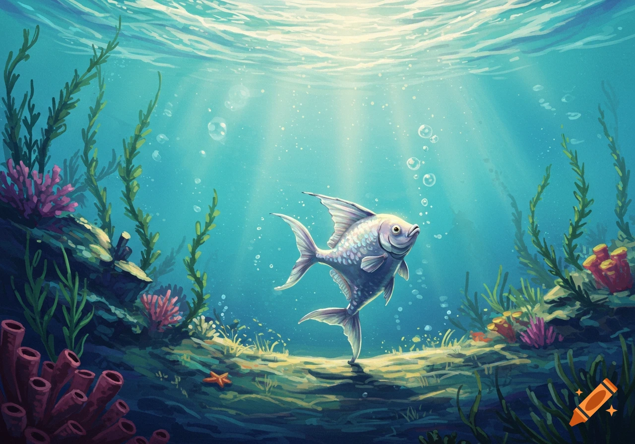 An illustrative underwater scene with a silver fish swimming amidst green seaweed, colorful coral, and bubbles.