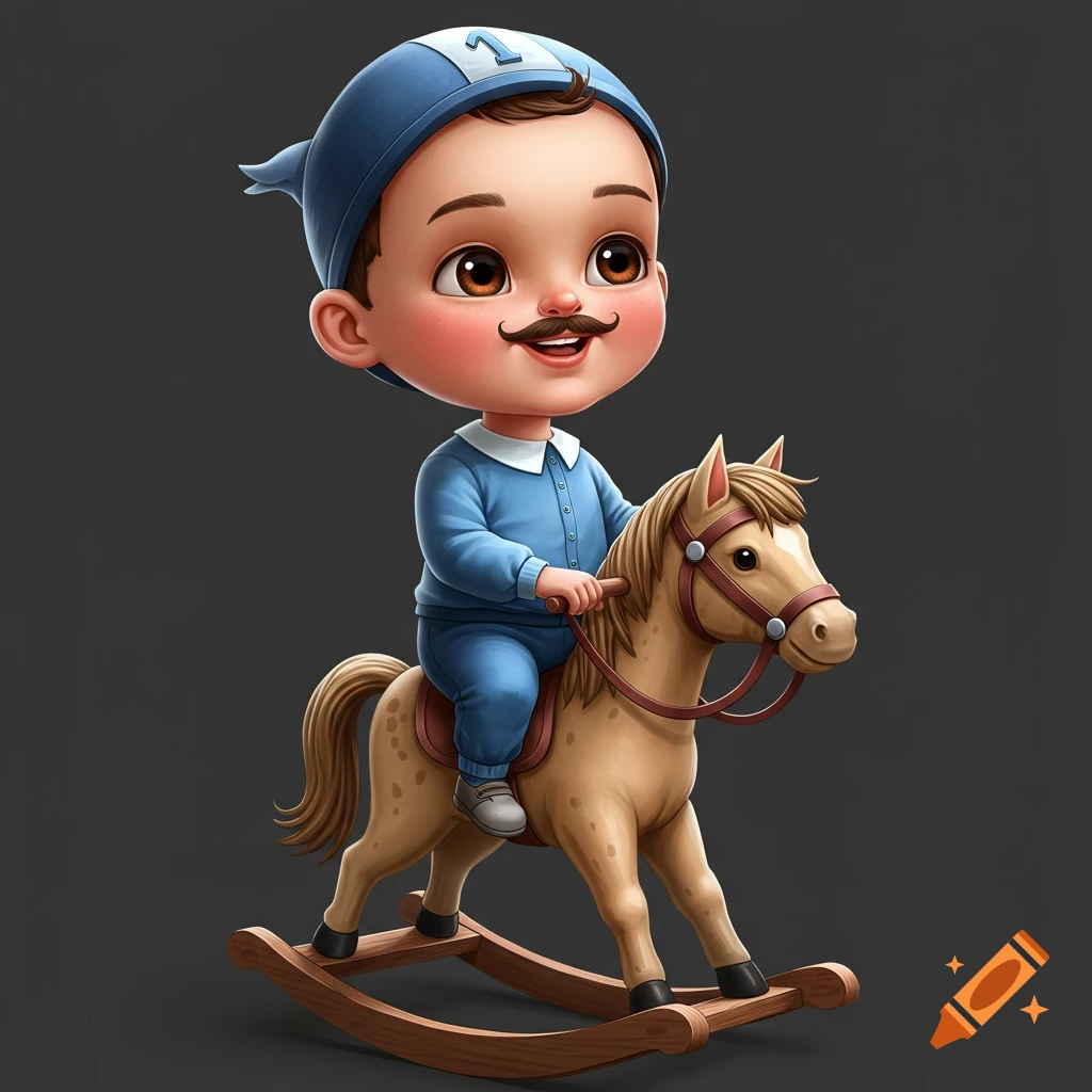 A cute cartoon boy with a painted mustache in a blue outfit rides a brown rocking horse on a dark background.