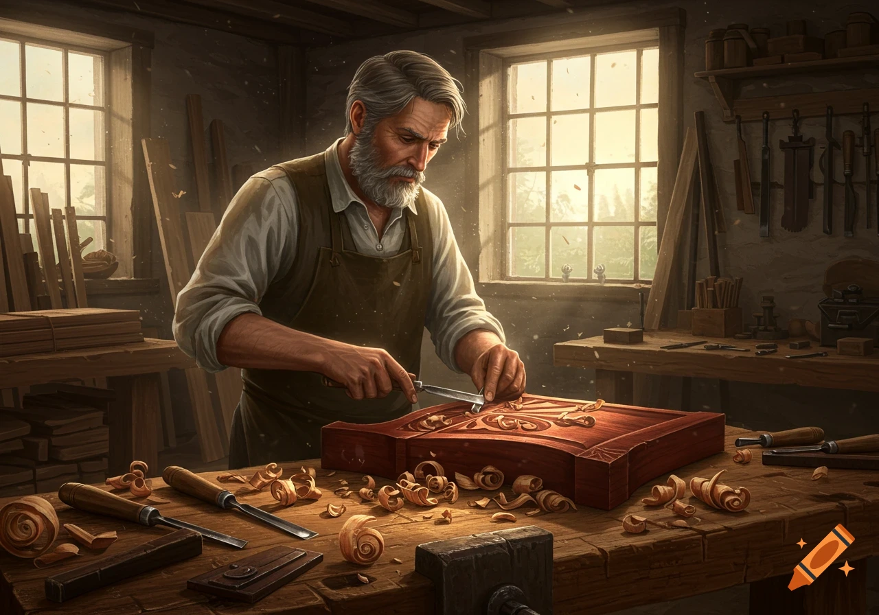 Bearded old man carving wood with a chisel in a rustic, sunlit workshop with tools and shavings. Photorealistic.