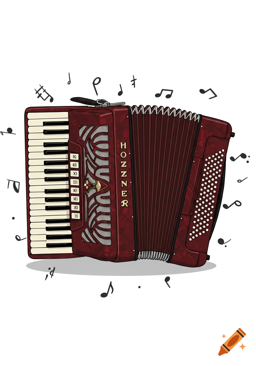 An illustration of a red accordion with musical notes floating around it on a white background.